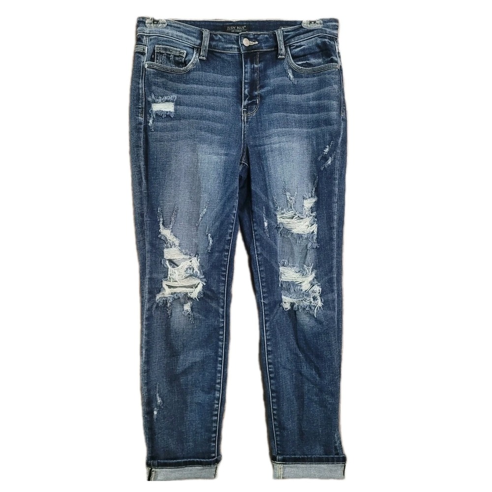 Judy Blue Mid-Rise Cuffed Destroyed Boyfriend Jeans Sz 9/29 x 28.5 Medium Wash